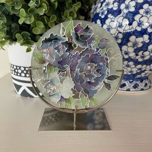 Joan Baker Floral purple green hand painted art glass tea light holder